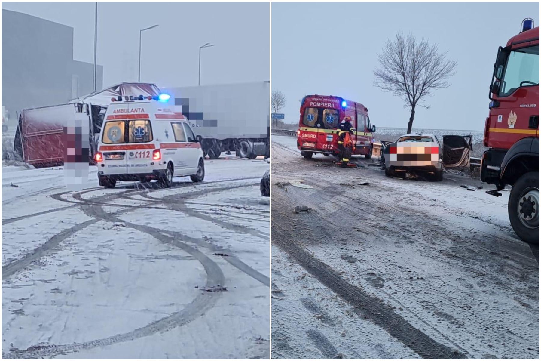 Accident cumplit în Neamţ, pe o şosea acoperită cu zăpadă. Două maşini şi două TIR-uri au fost implicate: o persoană, în stop cardiac