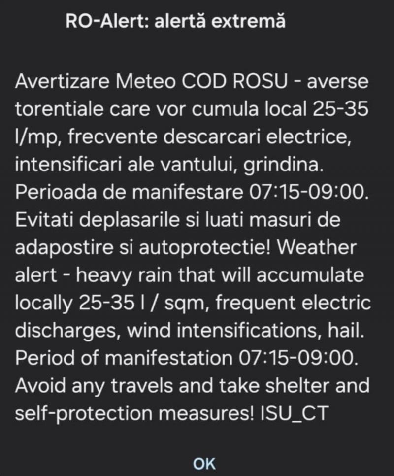 Cod roşu de ploi torenţiale în mai multe localităţi din Constanţa. A fost emis mesaj RO-Alert Cod roşu de ploi torenţiale în mai multe localităţi din Constanţa. A fost emis mesaj RO-Alert