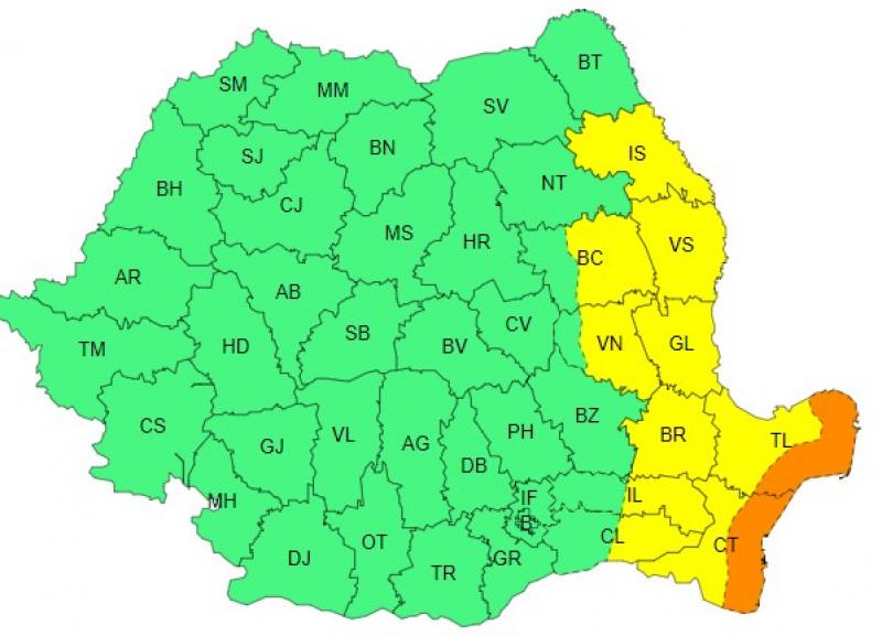 Harta județelor afectate de codurile galben și portocaliu de vreme severă