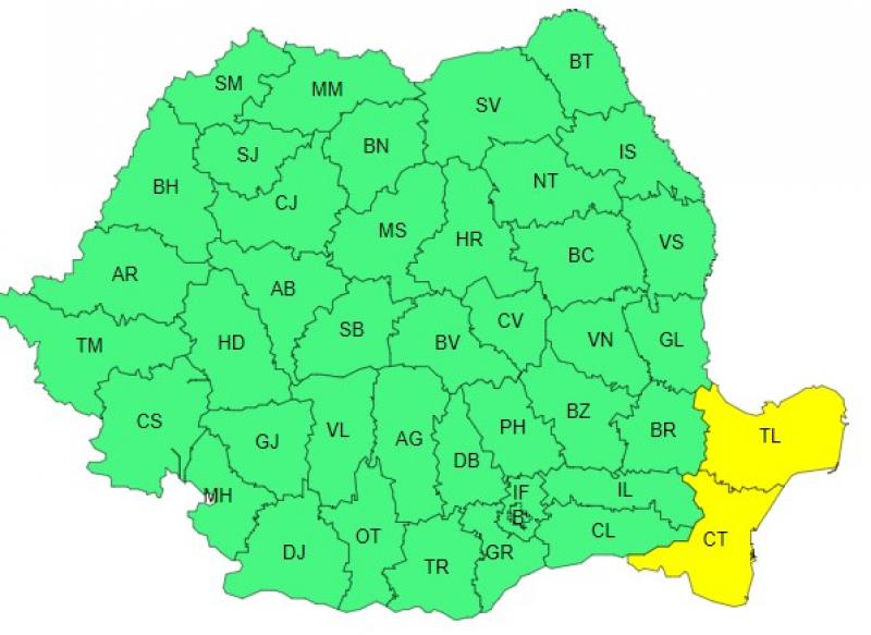 Harta județelor afectate de codul galben de vreme severă