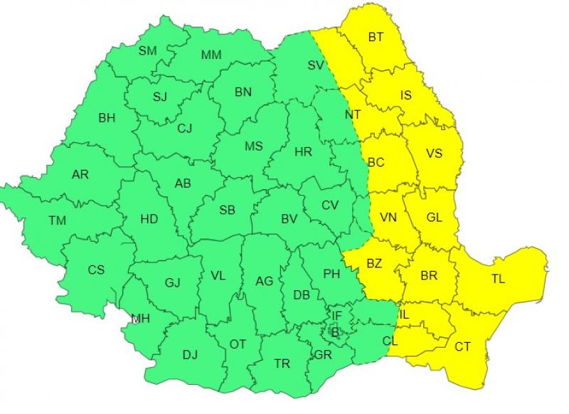 Harta județelor afectate de codul galben de vreme severă Harta județelor afectate de codul galben de vreme severă