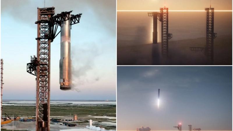 SpaceX, misiune spectaculoasă încheiată cu succes. Momentul în care o parte din mega-racheta Starship este prinsă din zbor - VIDEO