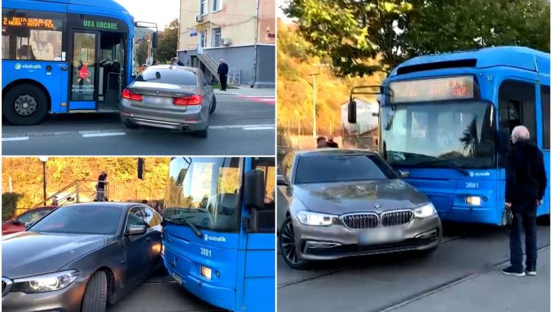 Autobuz plin cu pasageri, implicat într-un accident pe un drum din Reșița. Gestul nesăbuit al unui șofer de BMW a provocat totul