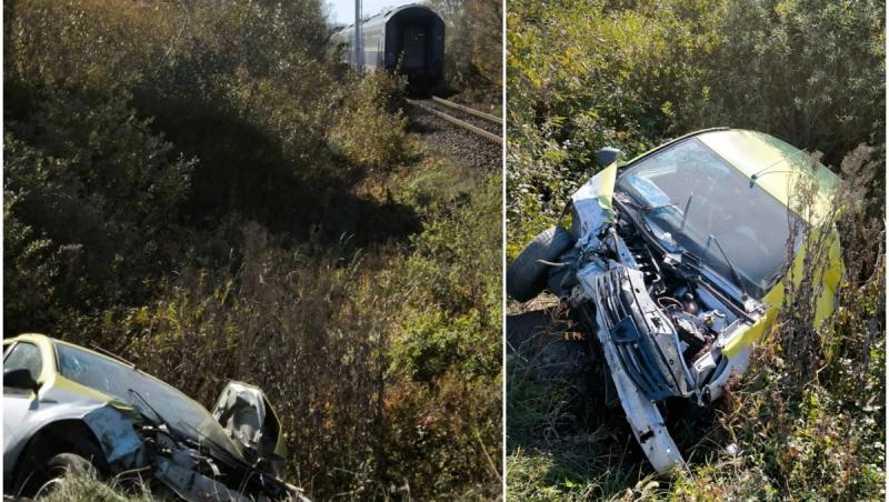 Dacie spulberată cu putere de tren, pe un drum comunal din Sibiu. Şoferul de 67 de ani a fost rănit grav