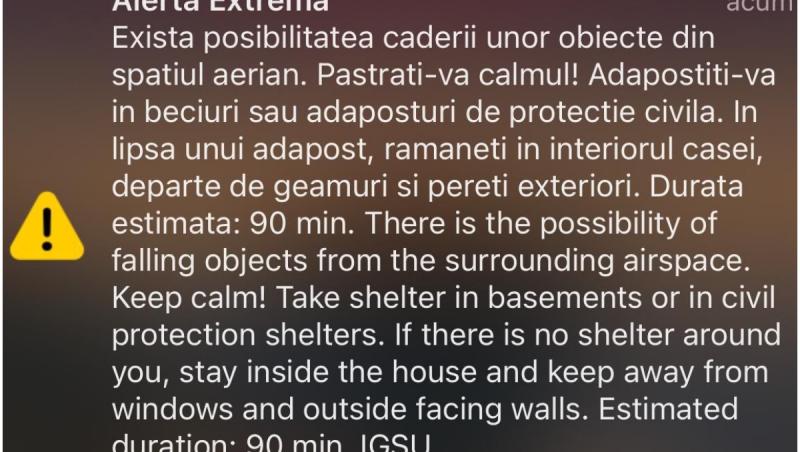 Mesajele RO-Alert au sunat din nou în Tulcea. Cetăţenii, avertizaţi de posibilitatea căderii a unor obiecte din spațiul aerian