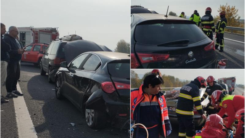 Accident în lanţ pe autostrada A1 Deva-Sibiu. O femeie a fost rănită după ce patru maşini s-au ciocnit