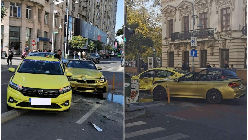 Accident grav pe Calea Victoriei. BMW auriu, făcut praf după ce s-a ciocnit puternic cu un taxi. Unul dintre şoferi, băut