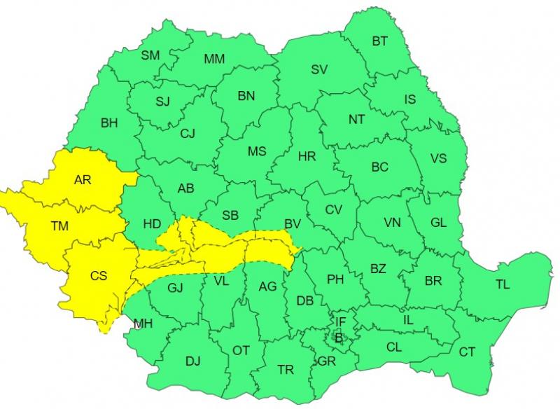 Harta județelor afectate de codul galben de vreme severă