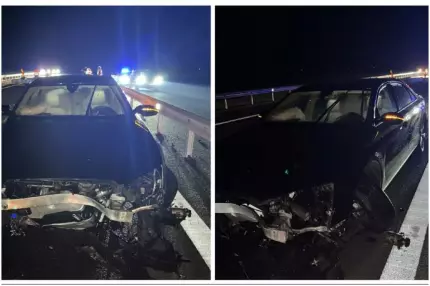 Accident pe şantierul Autostrăzii A7. Un şofer a pătruns pe un sector în lucru şi a lovit un palet cu glisiere metalice