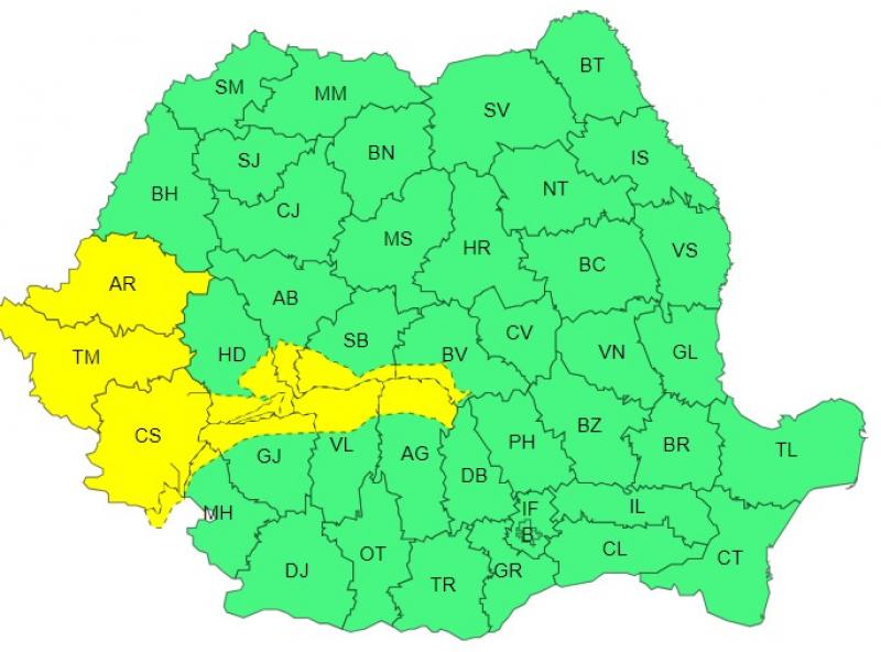 Harta județelor afectate de codul galben de vreme severă Harta județelor afectate de codul galben de vreme severă