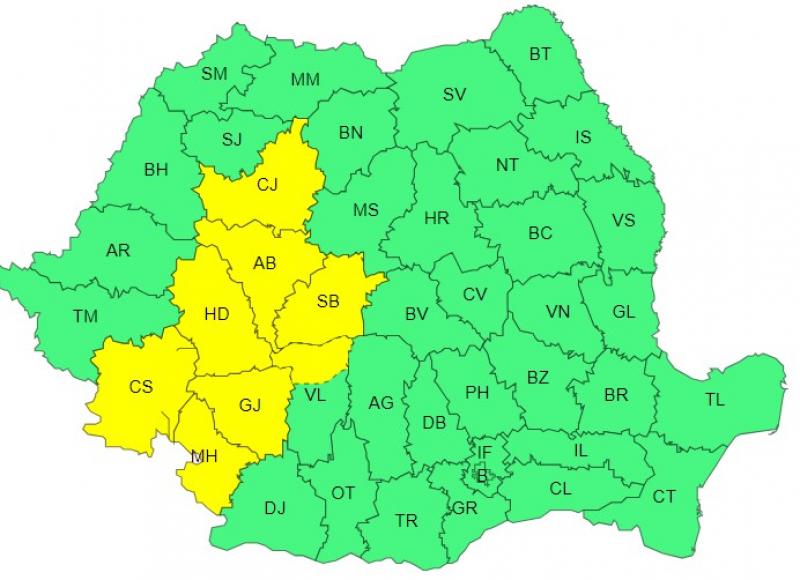 Harta județelor afectate de codul galben de vreme severă Harta județelor afectate de codul galben de vreme severă