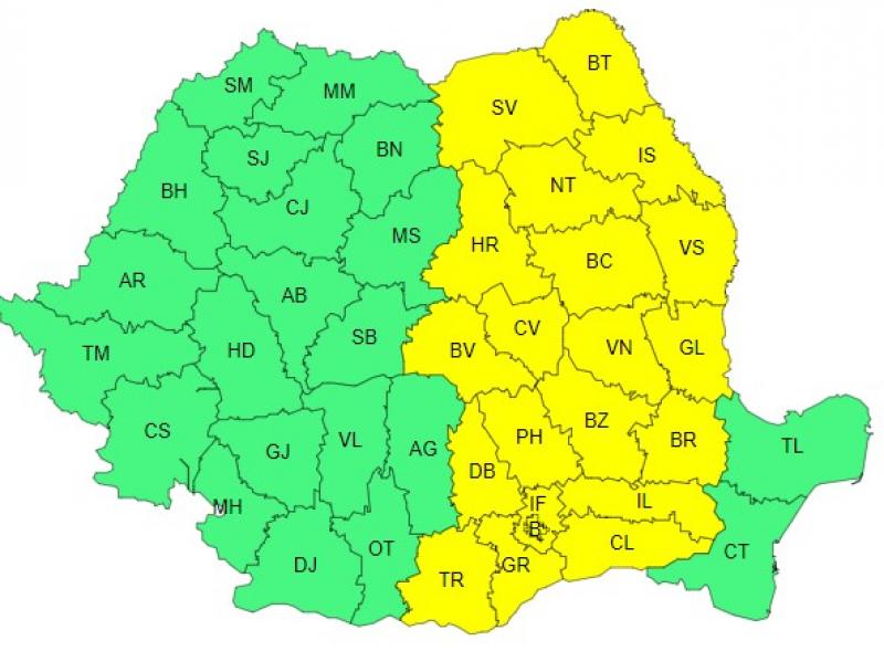 Harta județelor afectate de codul galben de vreme severă Harta județelor afectate de codul galben de vreme severă