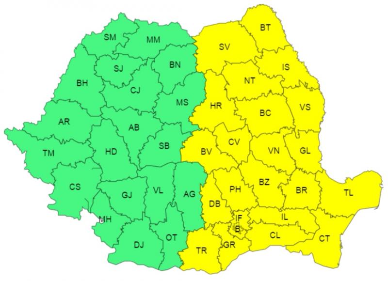 Hartă meteo - Cod galben în România