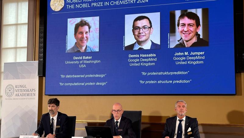 Premiul Nobel pentru Chimie 2024, acordat către David Baker, Demis Hassabis şi John Jumper pentru cercetări privind proteinele