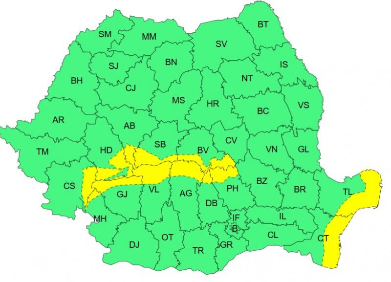 Harta județelor afectate de codul galben de vreme severă Harta județelor afectate de codul galben de vreme severă