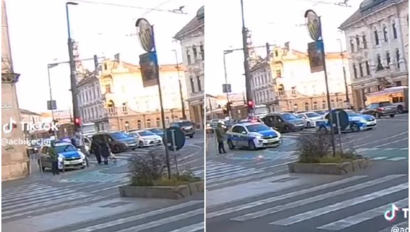 Maşină de poliţie, filmată circulând pe trotuar, în Cluj-Napoca: "Când îi vezi ei fac numai tâmpenii"