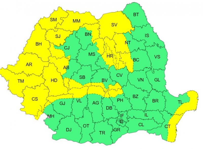 Harta județelor afectate de codul galben de vreme severă Harta județelor afectate de codul galben de vreme severă