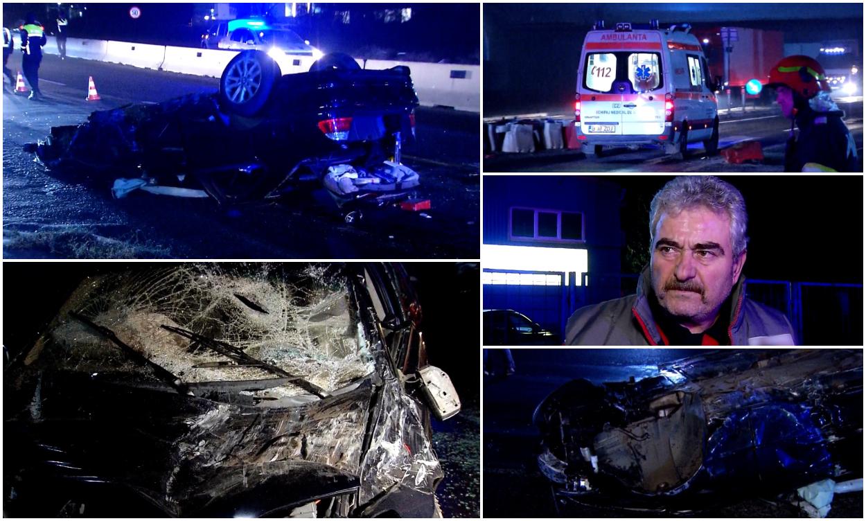 Maşini distruse complet după ce s-au ciocnit pe Centura Capitalei. Din cauza ceţii, unul dintre şoferi a lovit o bordură și a ajuns pe contrasens
