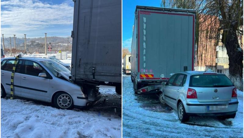 Un copil de 9 ani și o tânără de 25 de ani, la spital după ce mașina lor s-a înfipt în spatele unui TIR pe o șosea din Hunedoara