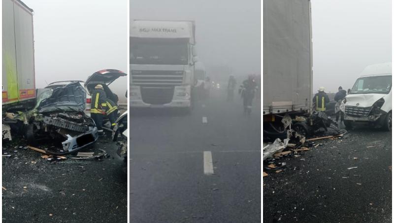 Accident în lanț pe A1, din cauza ceții. 7 vehicule implicate, două persoane au fost rănite