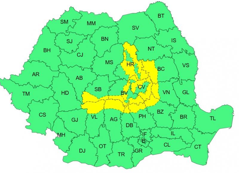 Harta județelor afectate de codul galben de vreme severă