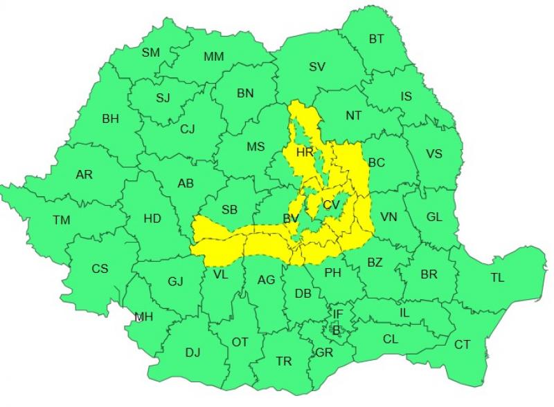 Harta județelor afectate de codul galben de vreme severă