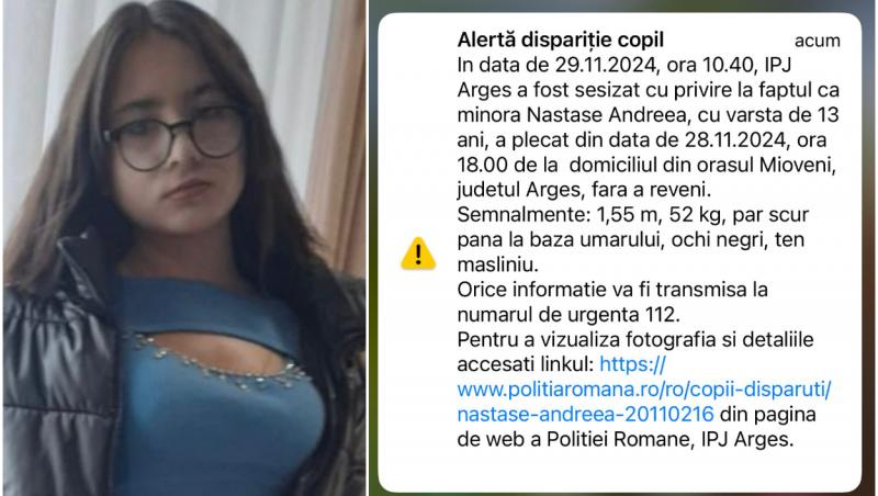 Mesaj RO-Alert pentru găsirea unei copile de 13 ani. Andreea e dispărută de aproape 24 de ore din Mioveni, Argeş