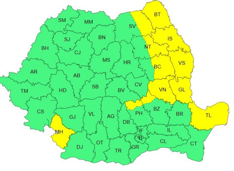 Harta județelor afectate de codul galben de vreme severă