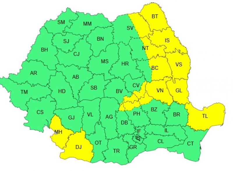Harta județelor afectate de codul galben de vreme severă