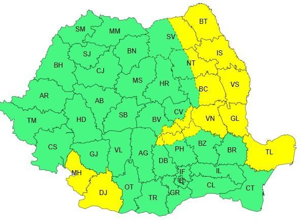Harta județelor afectate de codul galben de vreme severă