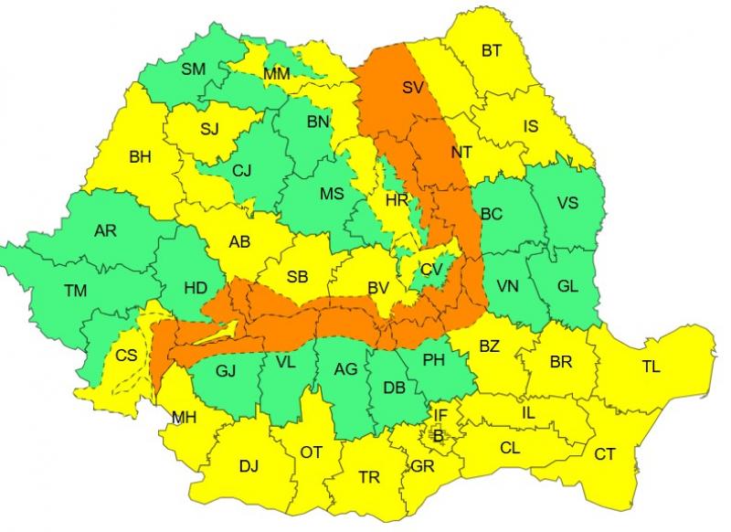 Harta județelor afectate de codurile galben și portocaliu de vreme severă