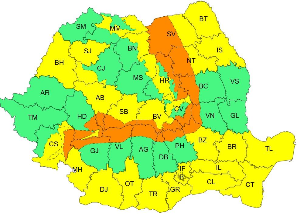 Harta județelor afectate de codurile galben și portocaliu de vreme severă