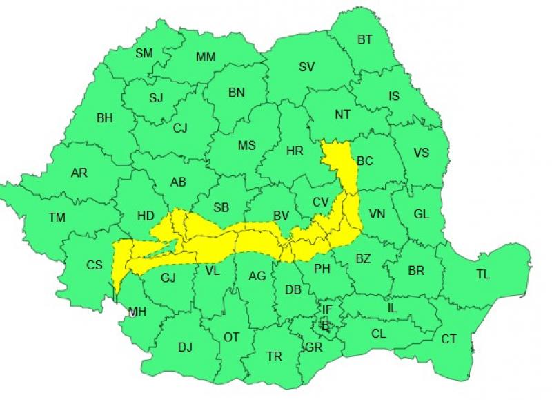 Harta județelor afectate de codul galben de vreme severă