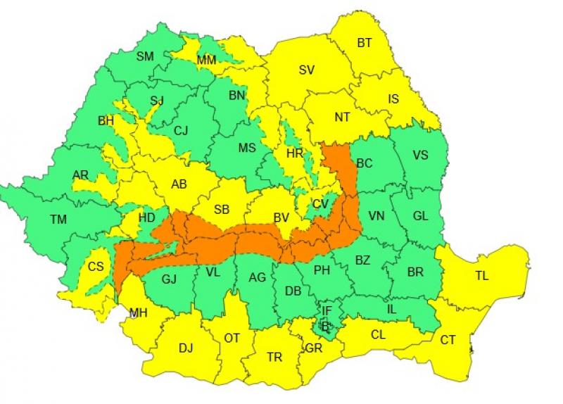 Harta județelor afectate de codurile galben și portocaliu de vreme severă