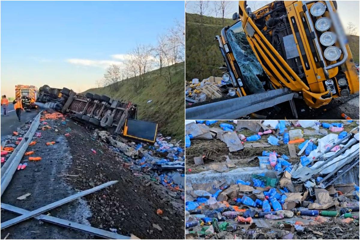 Un TIR încărcat cu 2.000 de litri de detergent lichid s-a răsturnat pe Autostrada A2. Garda de Mediu a fost sesizată