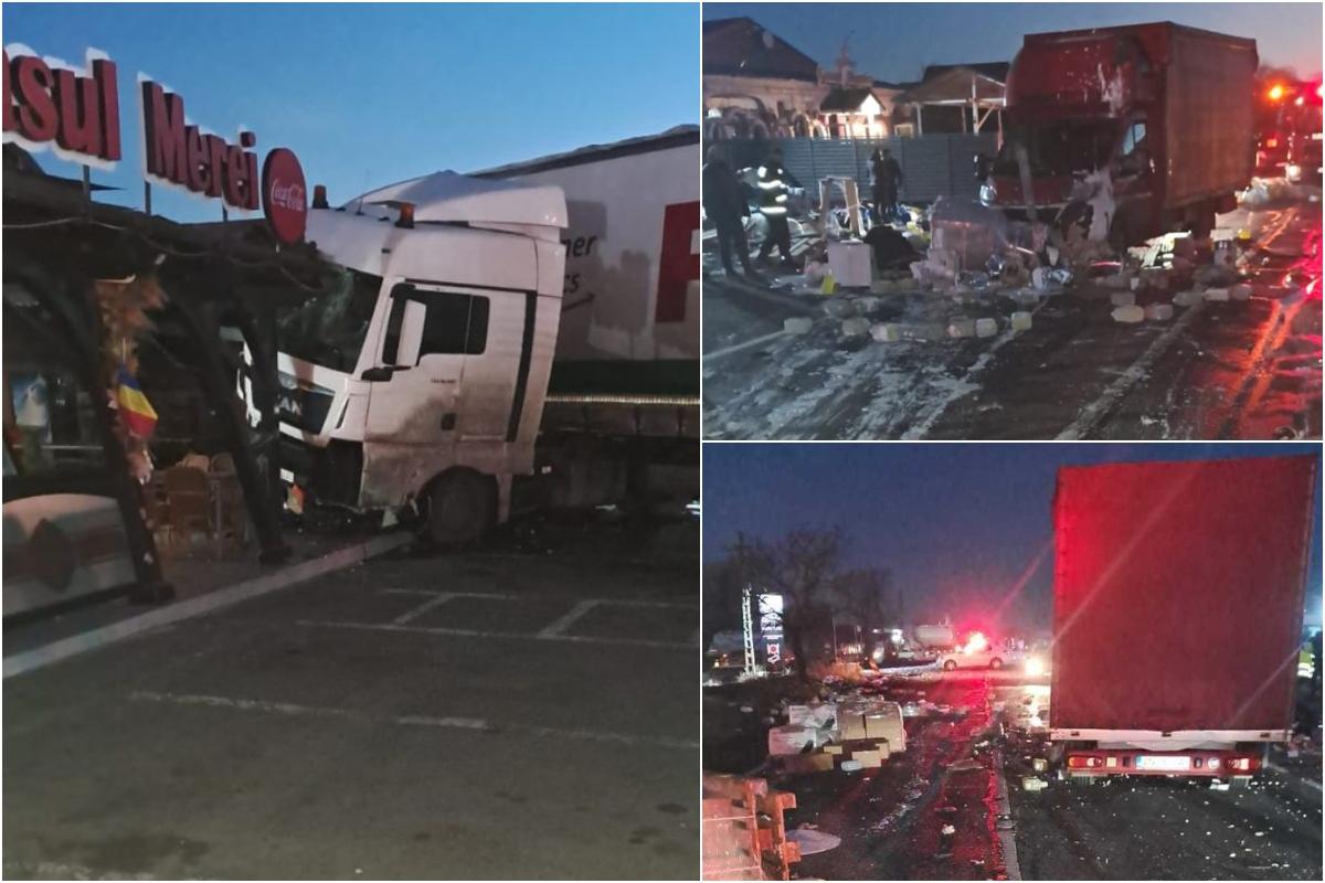 Dezastru în Buzău după ce un camion s-a răsturnat, a lovit o maşină, apoi a intrat într-un restaurant. Şoferul a fost rănit