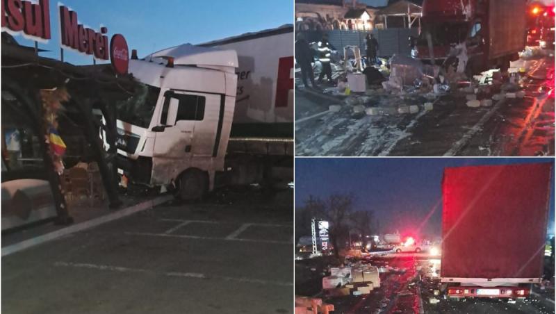 Prăpăd în Buzău după ce un camion s-a răsturnat, a lovit o maşină, apoi a intrat într-un restaurant. Şoferul a fost rănit