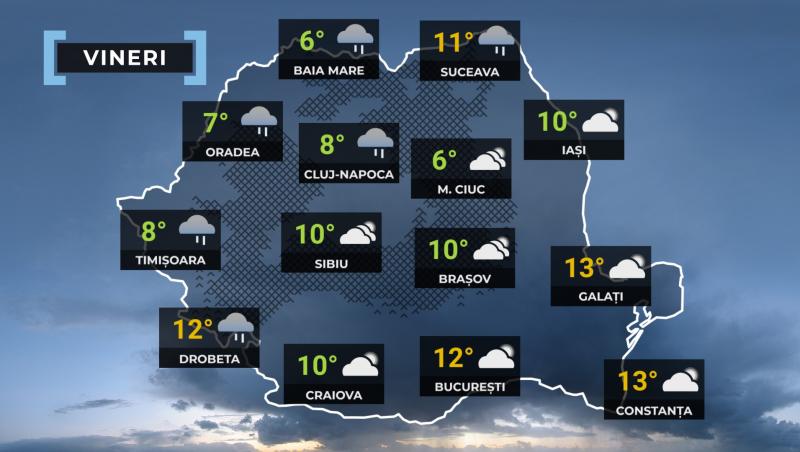 Vremea de mâine 20 decembrie. Va fi mai cald decât normalul perioadei în sudul şi estul ţării, mai frig în rest. Maxime între 2 şi 14 grade