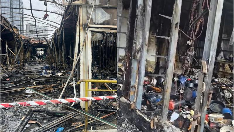 Cum arată Piaţa Matache după incendiul cumplit. Bazarul cu haine a ars din temelii, 16 comercianţi au rămas fără spaţii şi marfă