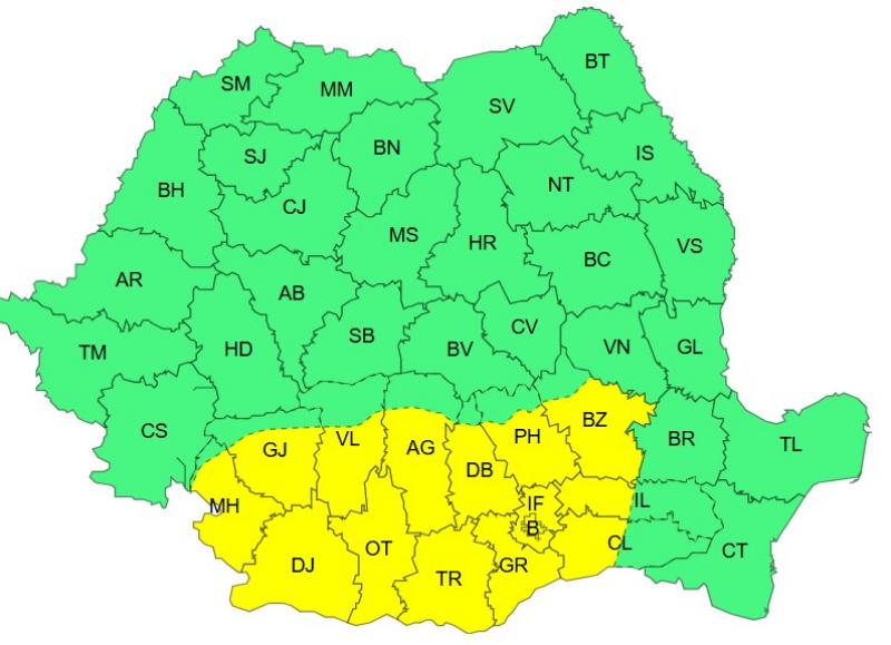 Harta județelor afectate de codul galben de vreme severă