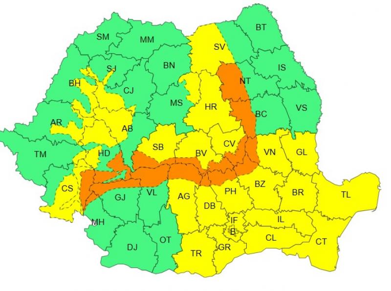 Harta județelor afectate de codurile galben și portocaliu de vreme severă