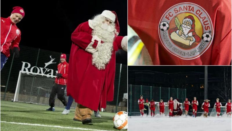 Unde activează echipa de fotbal FC Santa Claus. Moş Crăciun a acaparat stema clubului, culorile echipamentului sunt roşu şi alb