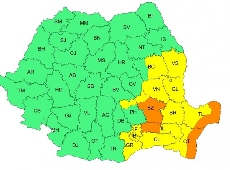 Harta județelor afectate de codurile galben și portocaliu de vreme severă Harta județelor afectate de codurile galben și portocaliu de vreme severă