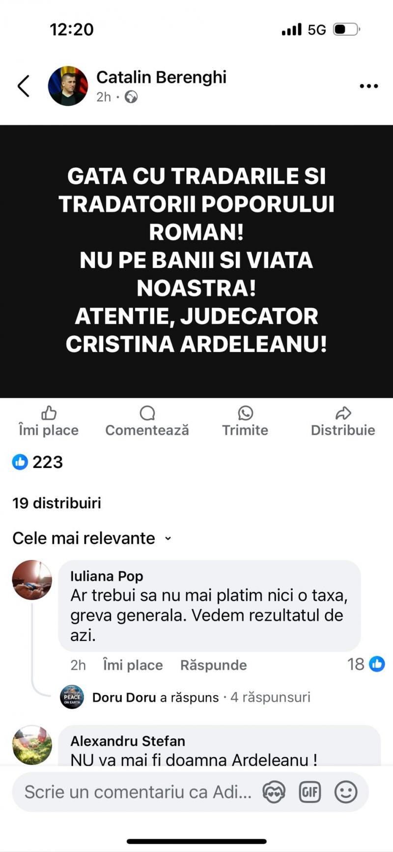 Dosar penal după ce un bărbat a postat ameninţări la adresa judecătoarei de la CAB care judecă dosarul anulării alegerilor