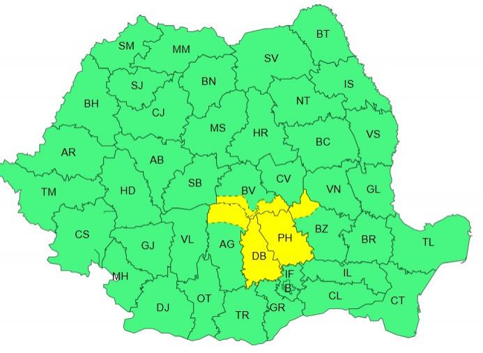 Harta județelor afectate de codul galben de vreme severă