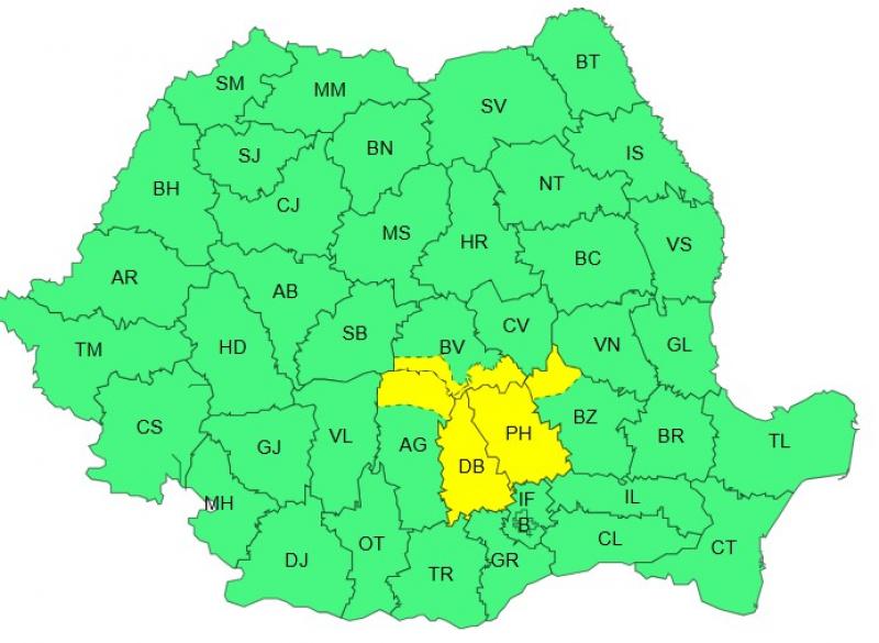 Harta județelor afectate de codul galben de vreme severă Harta județelor afectate de codul galben de vreme severă