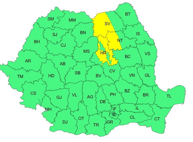 Harta județelor afectate de codul galben de vreme severă