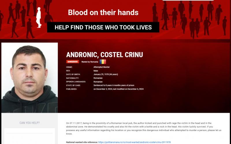 Costel Crinu Andronic, condamnat pentru tentativă de omor, a fost dat în urmărire