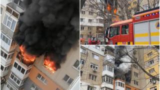 Incendiu violent în Olteniţa, Călăraşi. Un apartament a fost cuprins de flăcări uriaşe. Proprietarul, salvat miraculos de pompieri