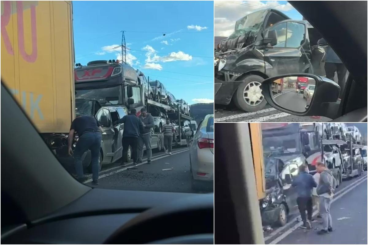 Maşină strivită între o platformă auto şi un TIR, pe o şosea din Vâlcea. Trei oameni au fost transportaţi la spital